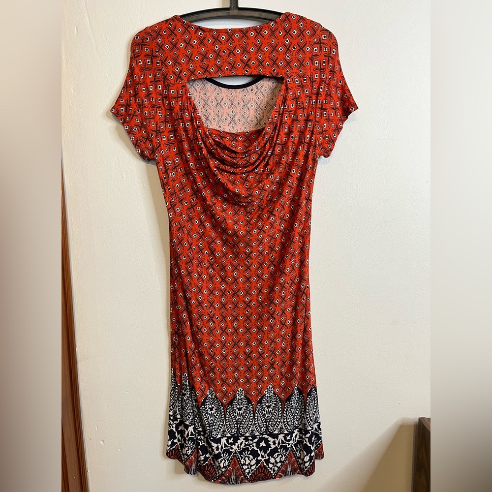 Anthropologie Priddy by Puella Bohemian Casual Shift Dress Red Orange Navy M EUC - Picture 2 of 7
